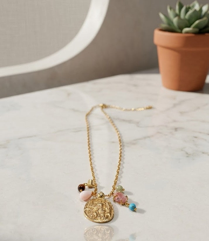 The Sahitiya Heirloom Charm Necklace – Gold Coin Pendant with Colourful Semiprecious Beads