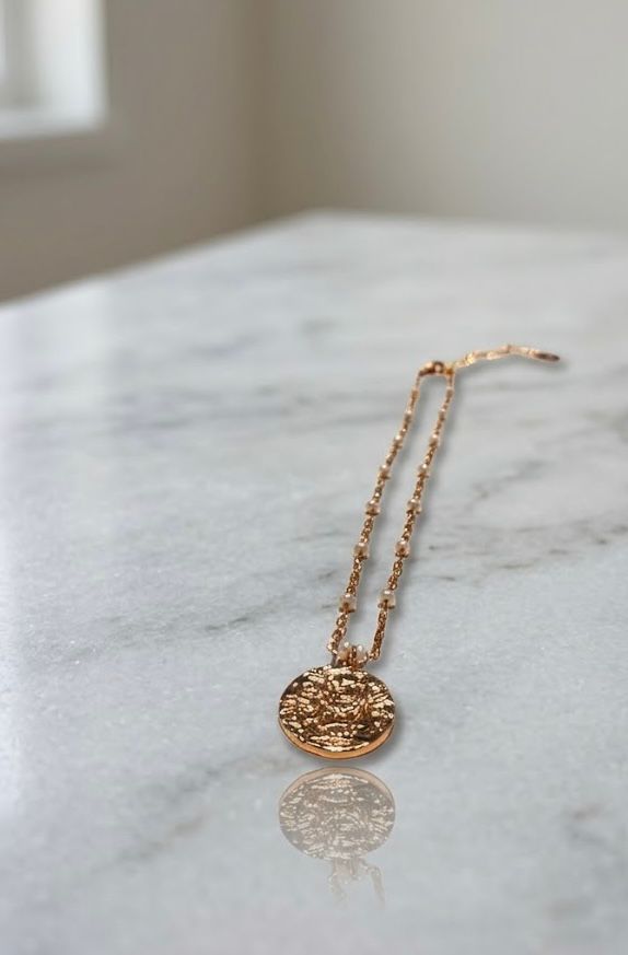 Textured Coin Necklace – Intricately Textured Rustic Gold Disc on Delicate Beaded Chain