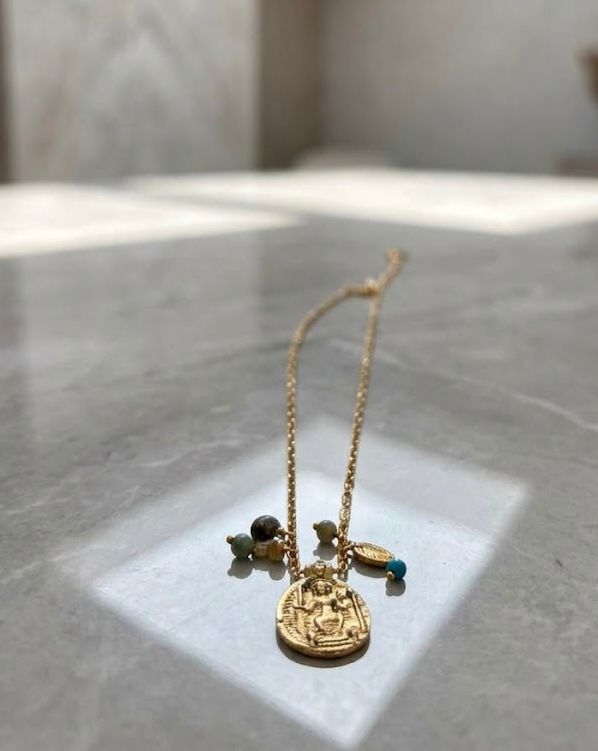 Multi-Gem Coin Pendant Necklace – Gold Coin Pendant with Colourful Semiprecious Bead Necklace