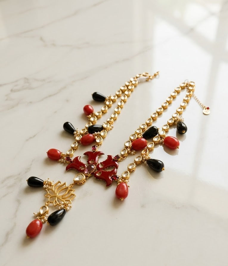 Royal Lotus Statement Set – Red and Black Stone Necklace with Intricate Lotus Motif and Dual Chain