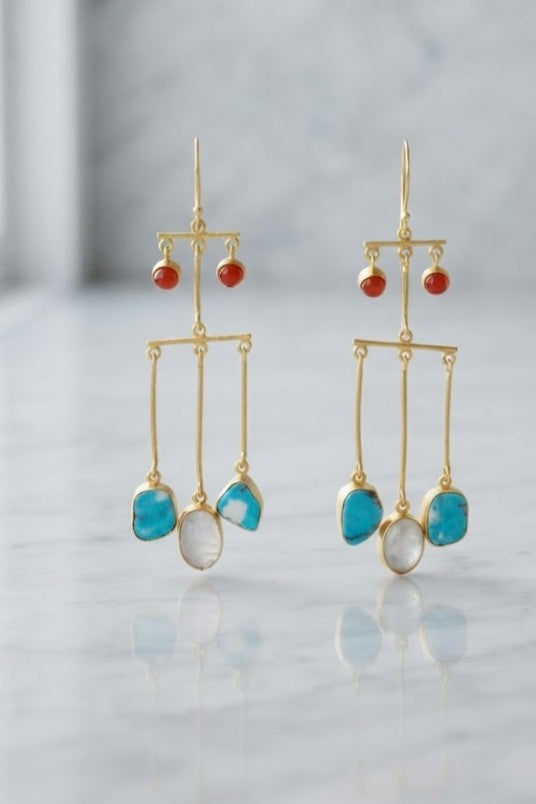 Turquoise and Coral Chandelier Earrings — coral top stones with raw turquoise drops from Stone Age by Mine of Design