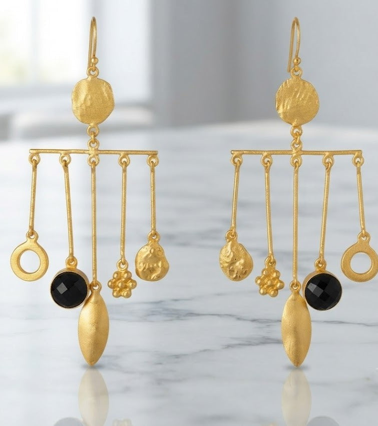 Onyx and Gold Statement Earrings — textured gold disc with faceted black onyx bar from Stone Age by Mine of Design