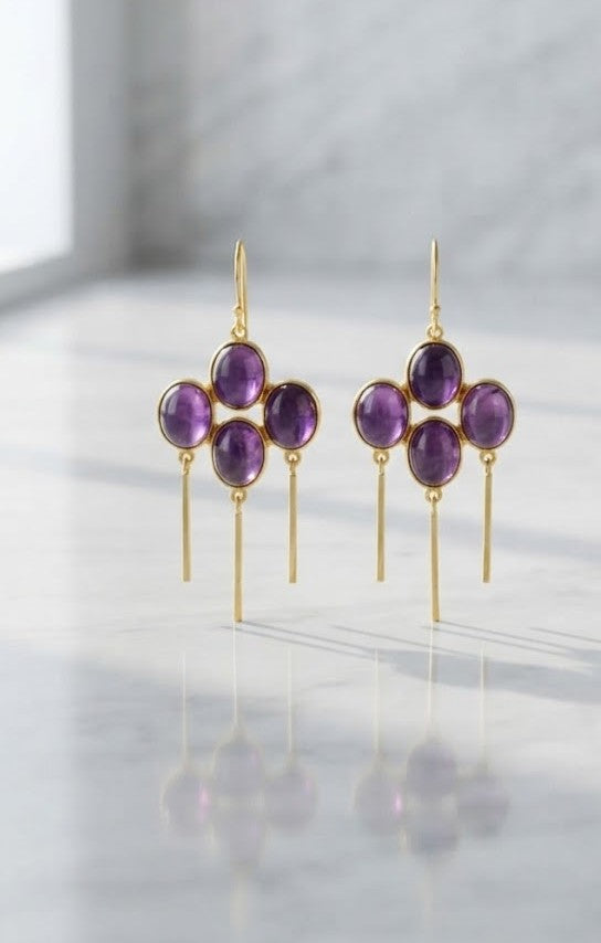Amethyst Cluster Earrings — four oval-cut amethyst stones in gold setting with vertical drops from Stone Age by Mine of Design