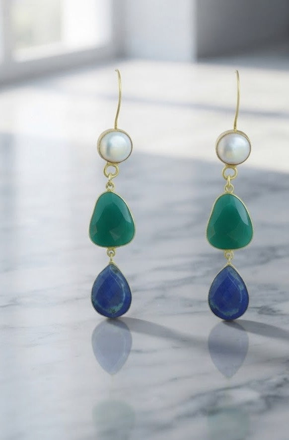 Ocean Tri-Color Stone Earrings — pearl, green and blue natural stone vertical gradient from Stone Age by Mine of Design