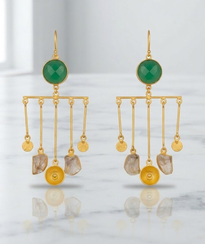 Emerald Cascade Dangle Earrings — faceted green stone with golden bar and raw mineral drops from Stone Age by Mine of Design