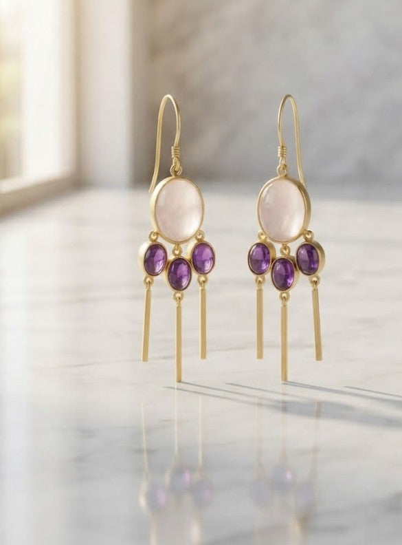 Amethyst Triple Drop Earrings — pink stone with purple amethyst trio and gold sticks from Stone Age by Mine of Design