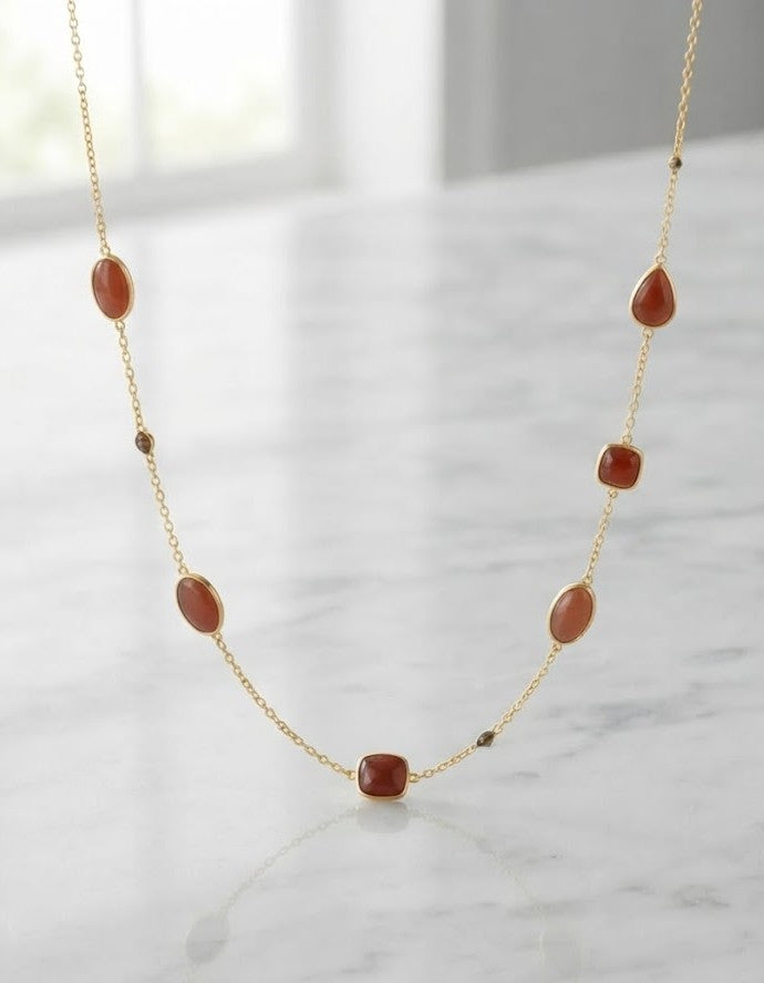 Beaded Chain Necklace — delicate gold chain with earthy-red natural stone beads from Stone Age by Mine of Design