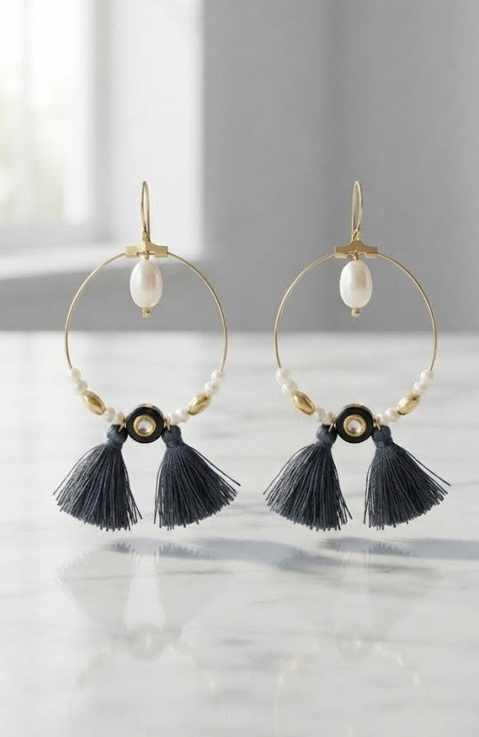 Metal Blast Midnight Tassel & Pearl Hoops Earrings