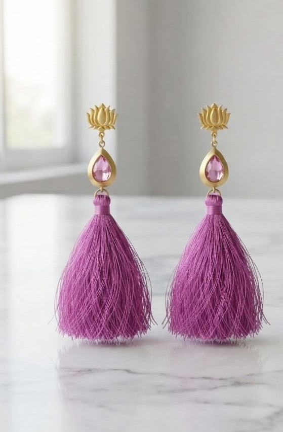 Metal Blast Lotus Blossom Pink Tassel Drops Earrings