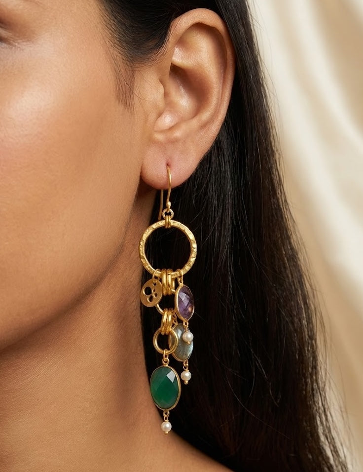 Devi Chain Earrings: Gold-Plated Drop Earrings with Precious Stones & Pearls
