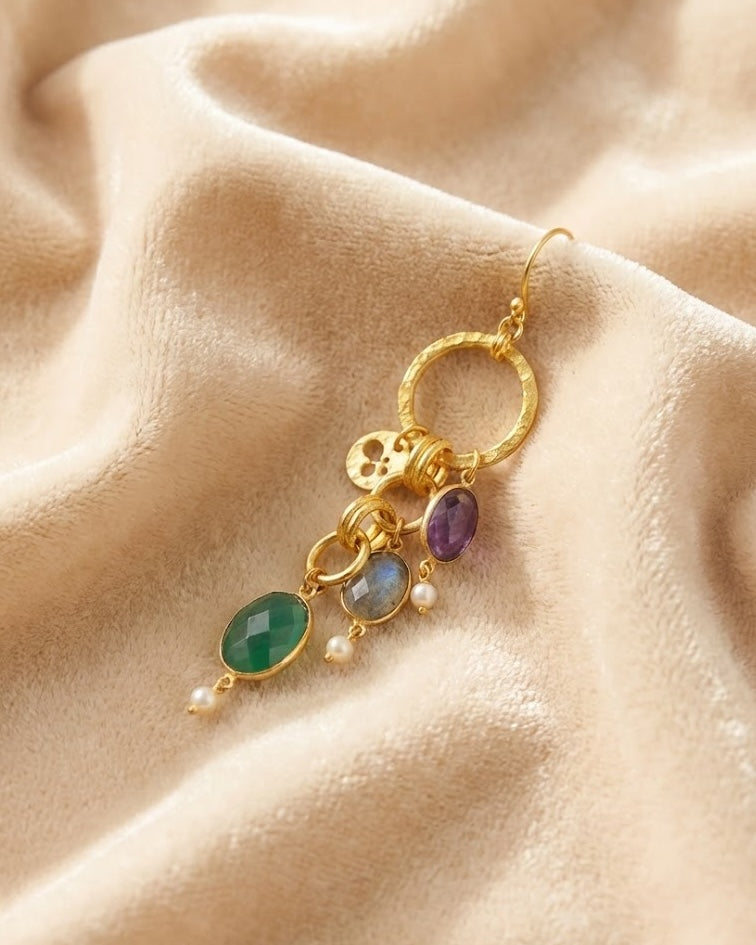 Devi Chain Earrings: Gold-Plated Drop Earrings with Precious Stones & Pearls