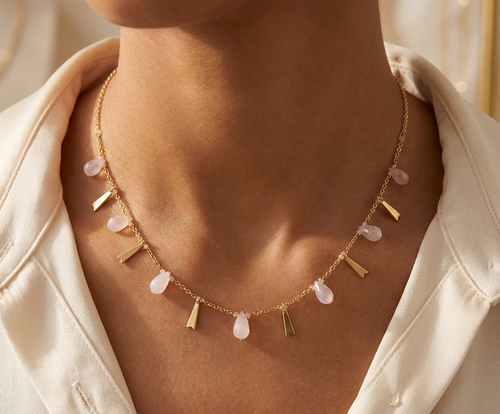 Fine One Necklace - Handmade Pink Opal, Brass, and 18K Gold-Plated Design