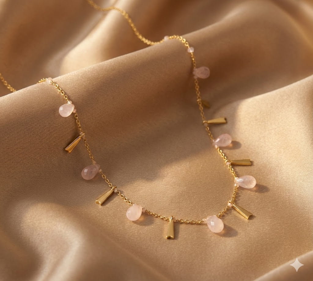 Fine One Necklace - Handmade Pink Opal, Brass, and 18K Gold-Plated Design