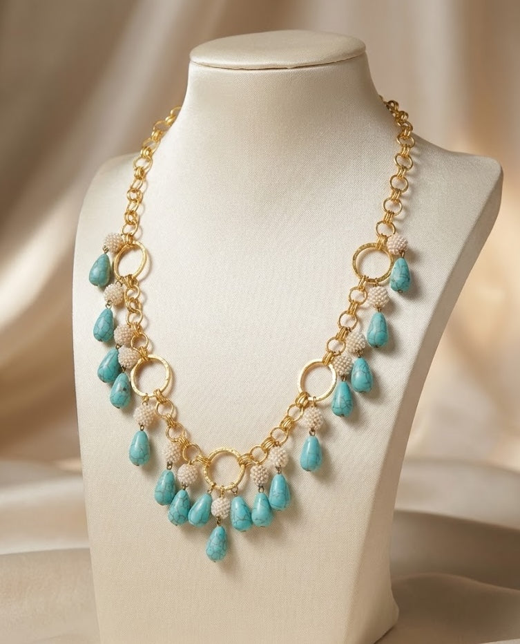 Neelu Necklace - Handmade Brass with 18K Gold Plate and Natural Stones