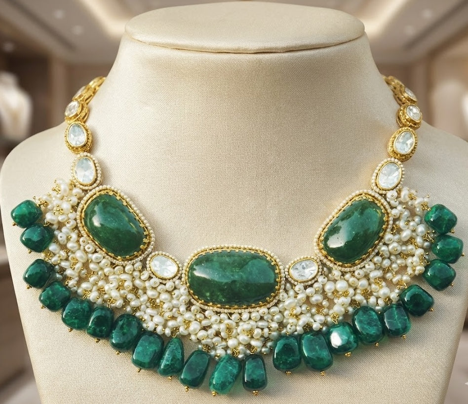 Nizam Necklace - 18K Gold-Plated Brass with Polki and Onyx