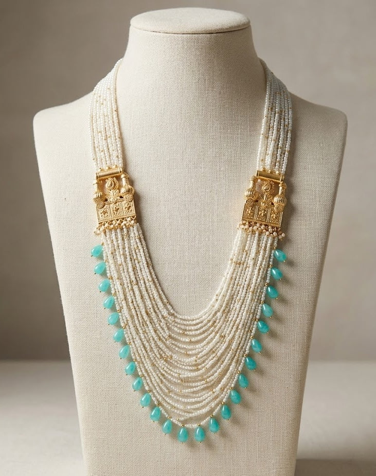 Revati Necklace - Brass Jewelry Featuring 22K Gold, Turquoise, and Elegant Glass Beads