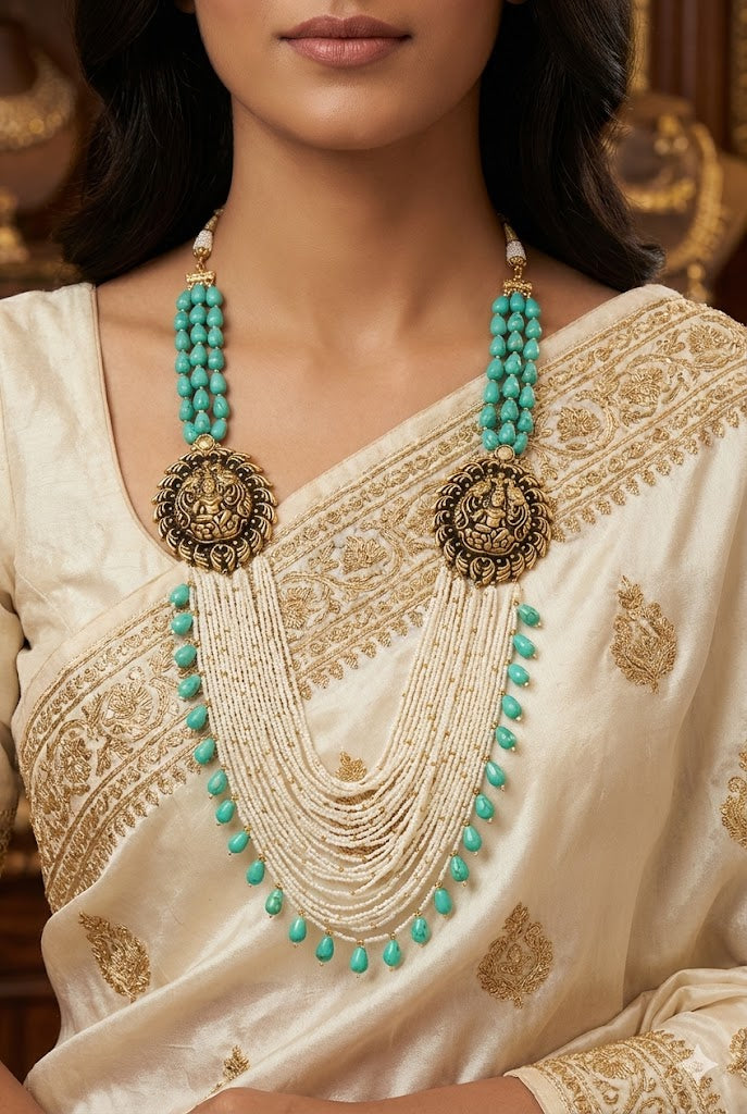 Revati Necklace - Brass with 22K Gold, Turquoise, and Elegant Glass Beads