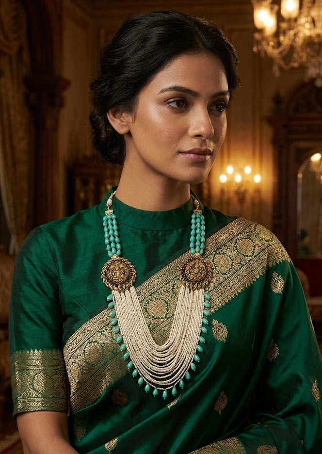 Revati Necklace - Brass with 22K Gold, Turquoise, and Elegant Glass Beads