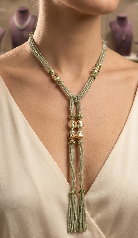 Lariot Necklace - Elegant Brass with 22K Gold Plate and Lucite Beads