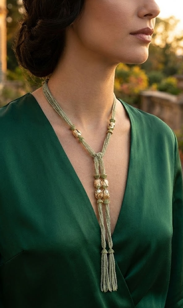 Lariot Necklace - Elegant Brass with 22K Gold Plate and Lucite Beads