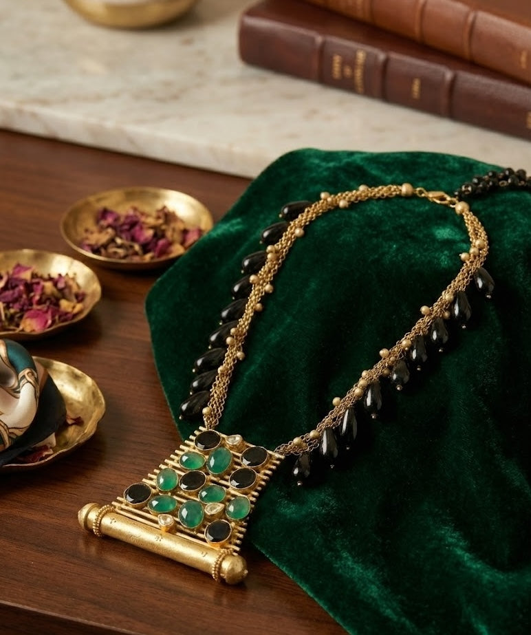 Maya Necklace - Brass Pendant with 22K Gold Plate and Natural Stones