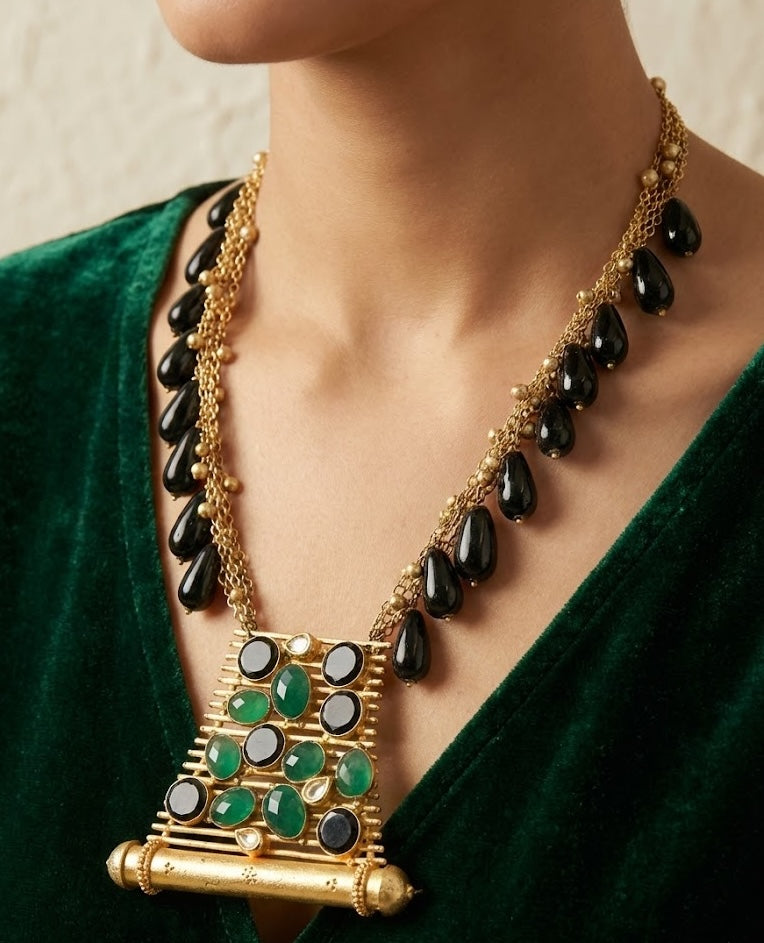 Maya Necklace - Brass Pendant with 22K Gold Plate and Natural Stones