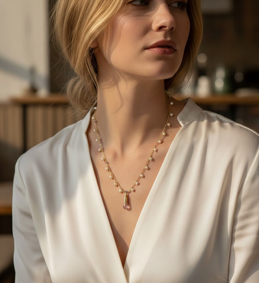 Fine One Necklace: Natural Freshwater Pearls and Quartz