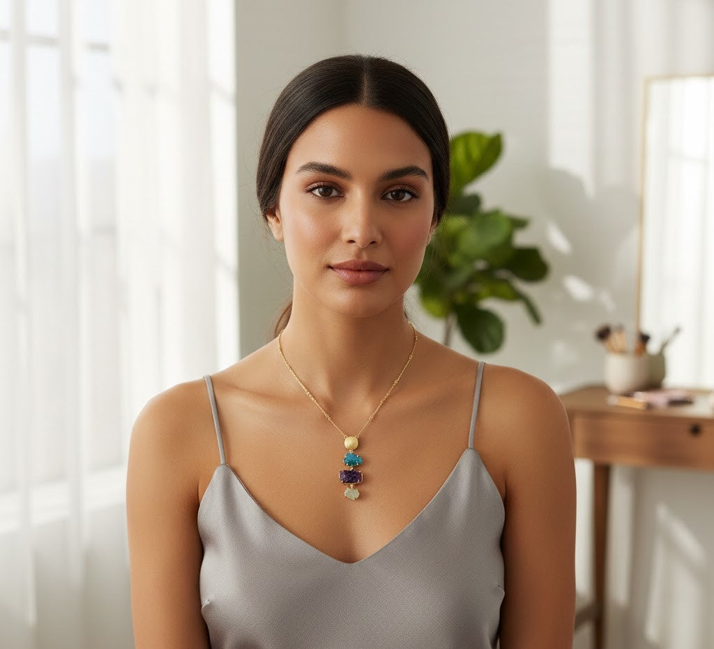 Fine One Necklace with Raw Druzy, Amethyst, and Quartz