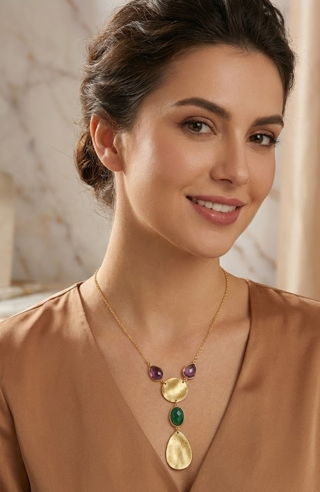 Fine One Necklace - Natural Stones with Green Onyx and Amethyst Pendant