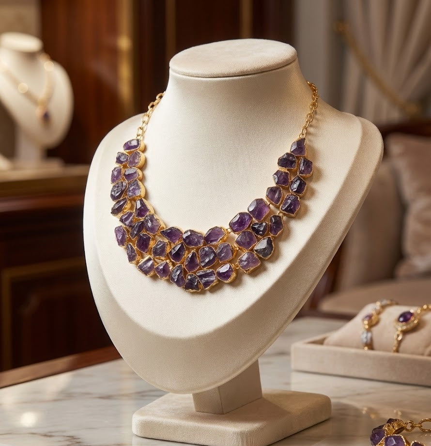 Stone Age Necklace - Brass Adorned with 18K Gold and Beautiful Amethyst