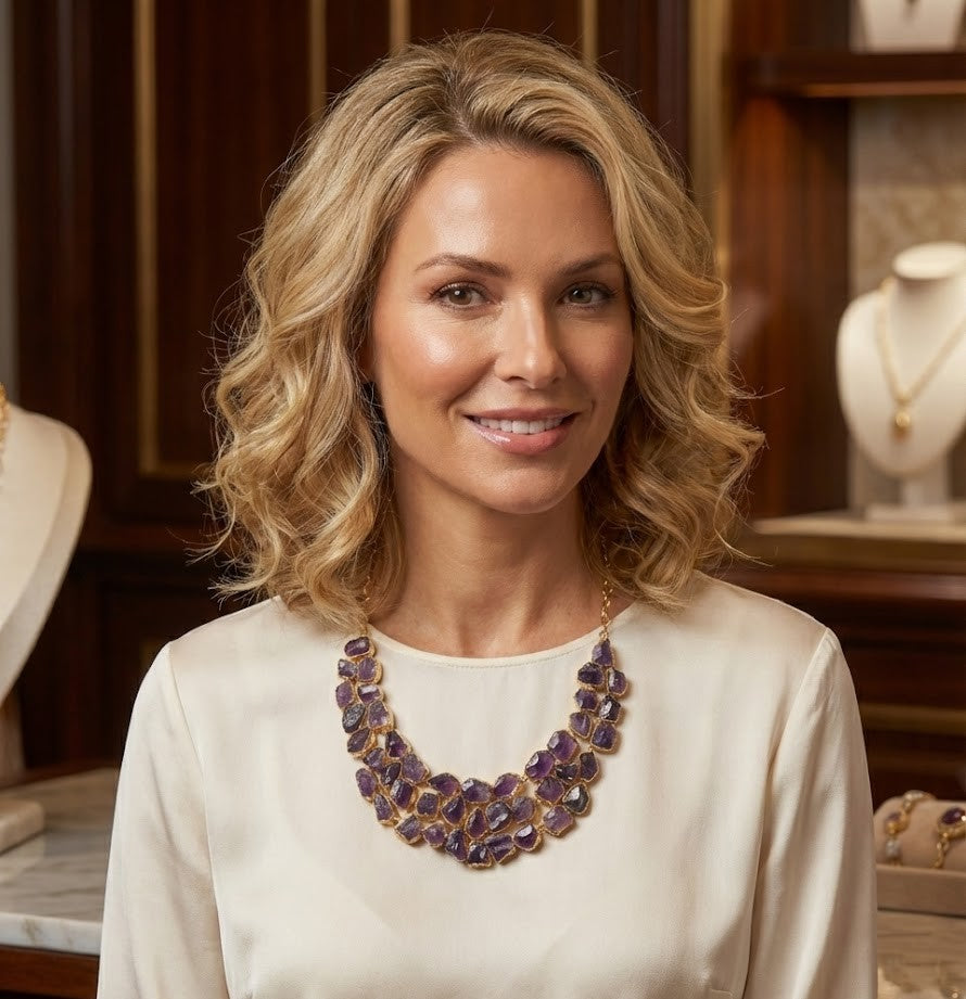 Stone Age Necklace - Brass Adorned with 18K Gold and Beautiful Amethyst