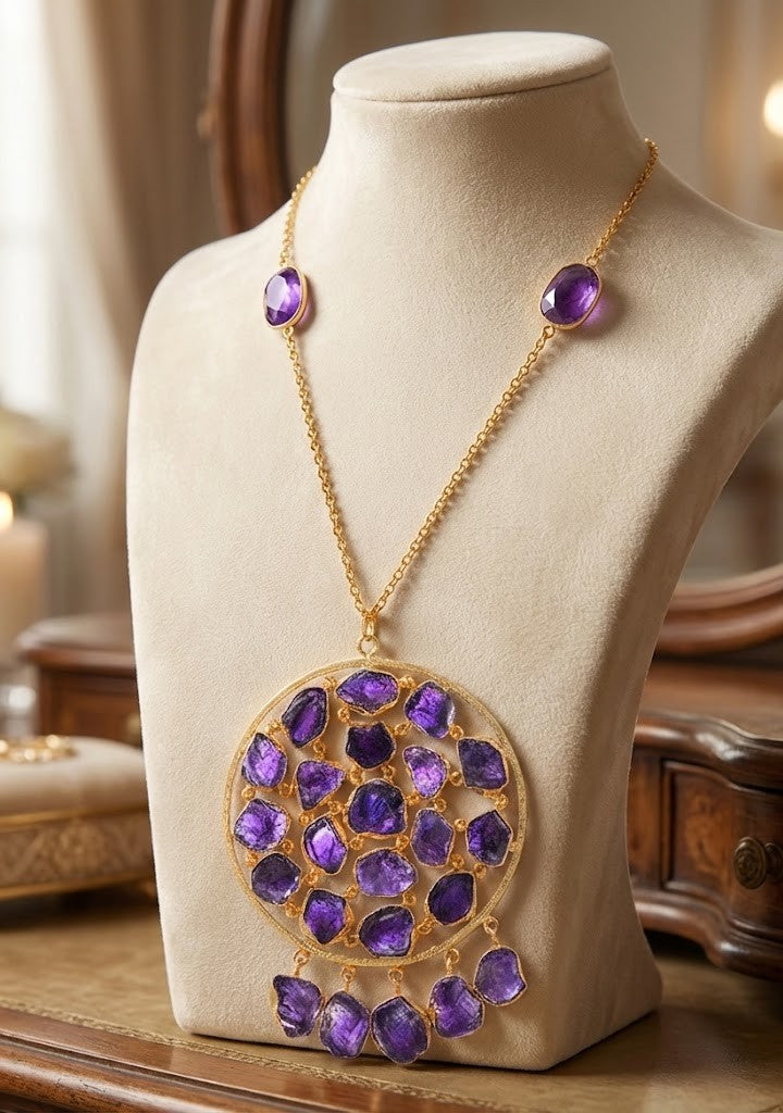 Stone Age Necklace - Brass with 22K Gold, Natural Stones, and Artisanal Design