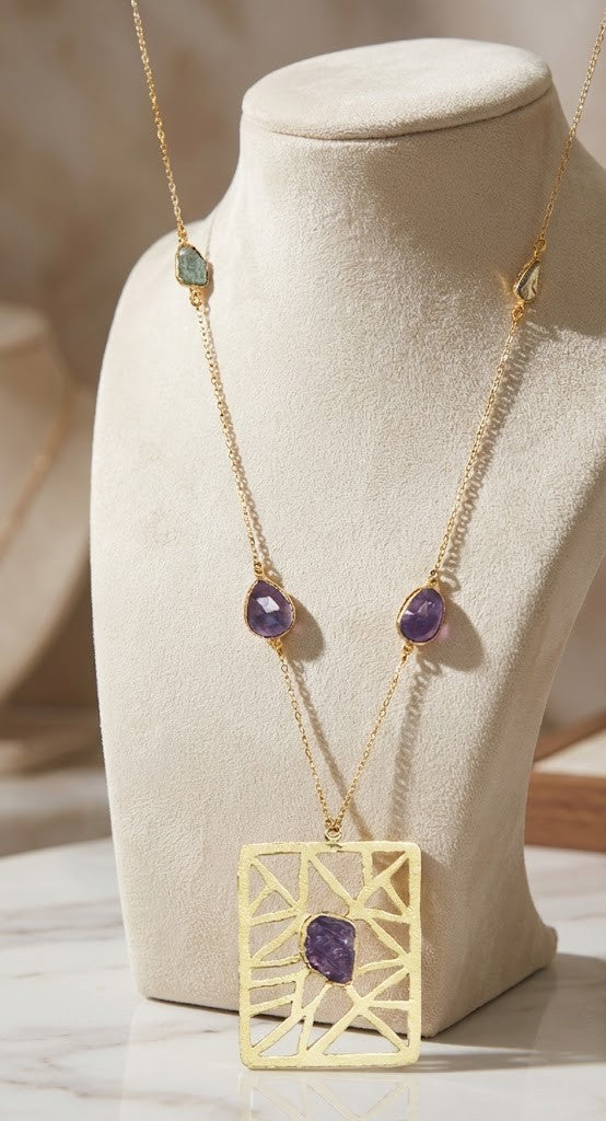 Stone Age Necklace - Elegant Brass with 18K Gold Finish, Featuring Amethyst