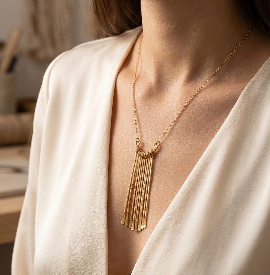 Fringe Necklace - Stylish Brass with 18K Gold Plate and Natural Stones