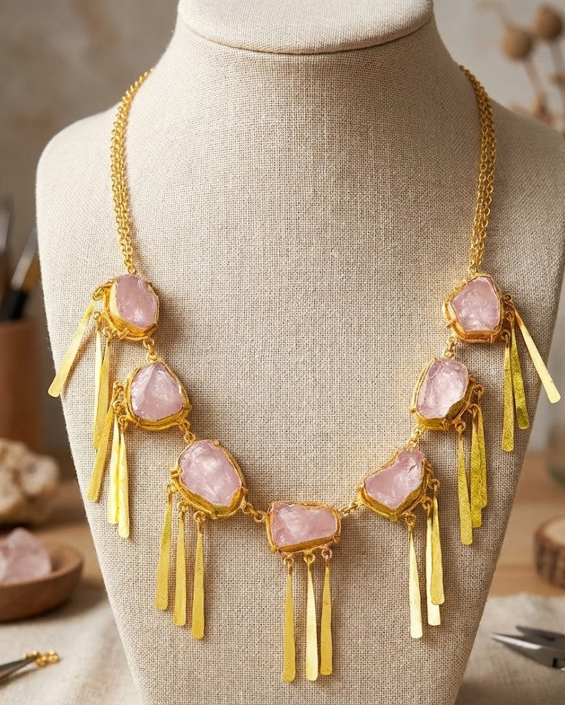 Fringe Necklace - Aquamarine and Brass with 18K Gold Plate