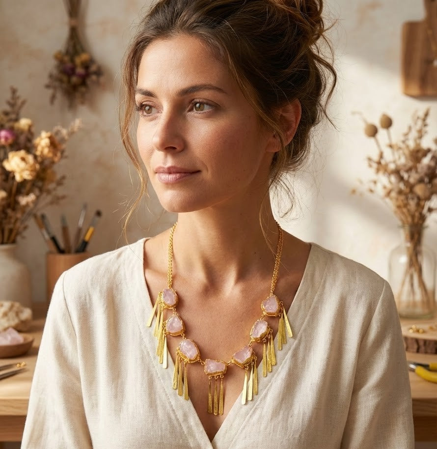 Fringe Necklace - Aquamarine and Brass with 18K Gold Plate