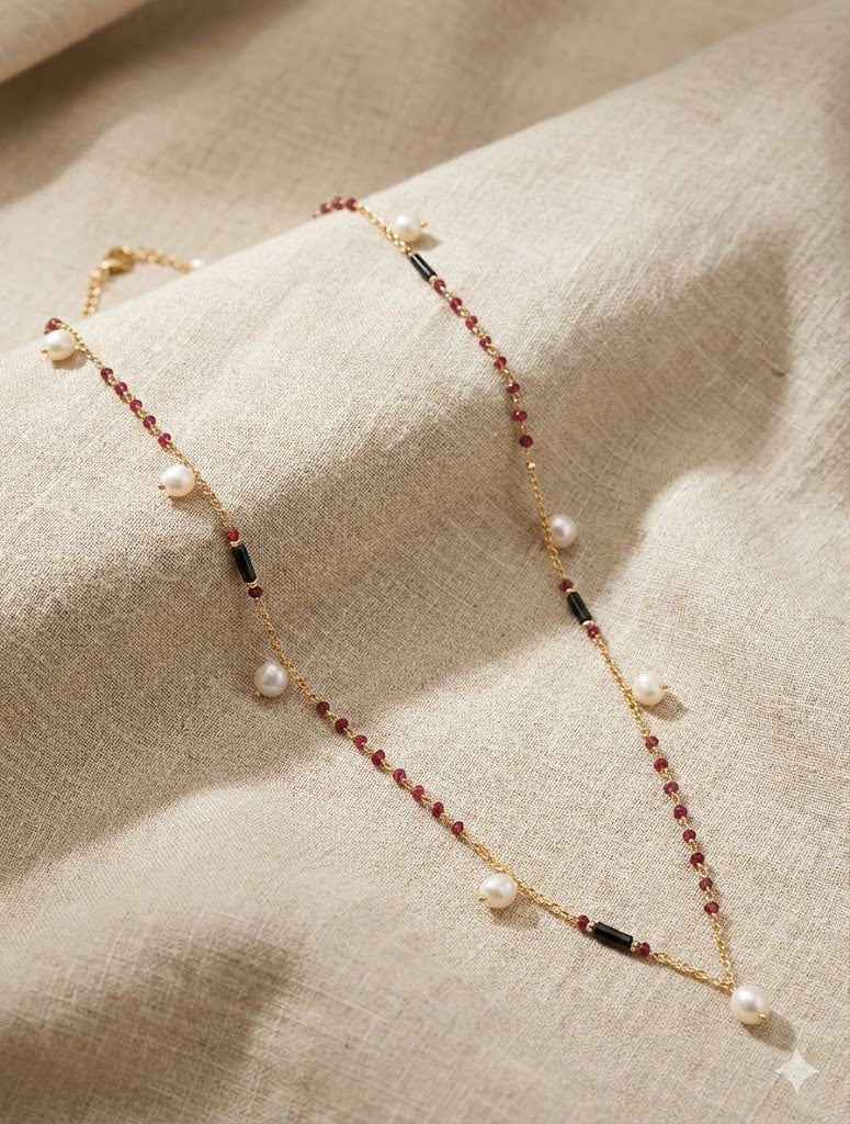 Luxury Long Chain Necklace - Rudy, Black Onyx and Freshwater Pearls