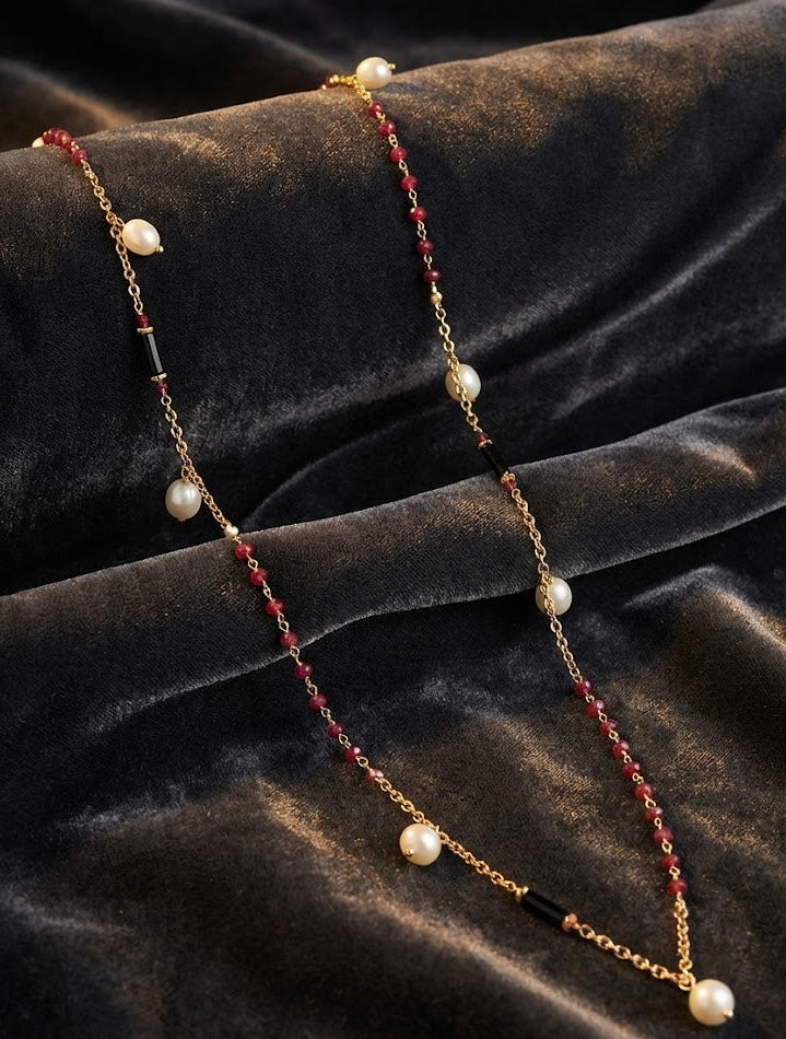 Luxury Long Chain Necklace - Rudy, Black Onyx and Freshwater Pearls