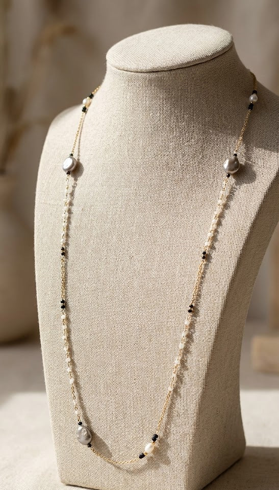 Eclipse Pearl Onyx Long Necklace