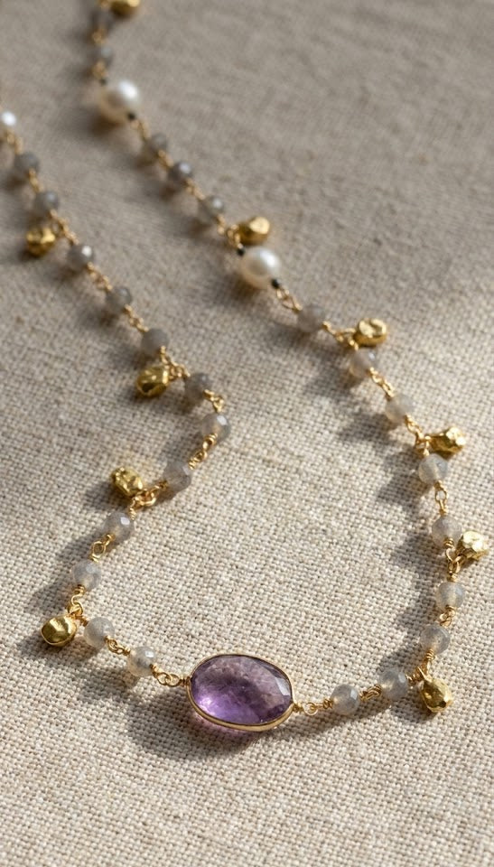 Luxury Long Chain Necklace with Labradorite, Amethyst & Freshwater Pearls – 1160mm