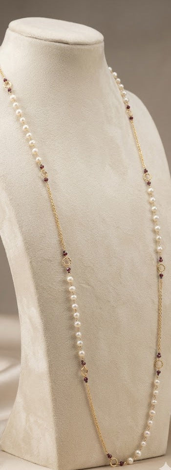 Celestial Pearl Essence Long Necklace: 1158mm Fresh Water Pearls, Ruby & Black Onyx