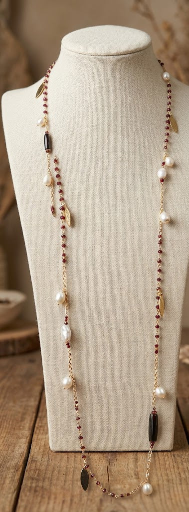 Eternal Ruby Grace Long Chain Necklace with Freshwater Pearls And Black Onyx