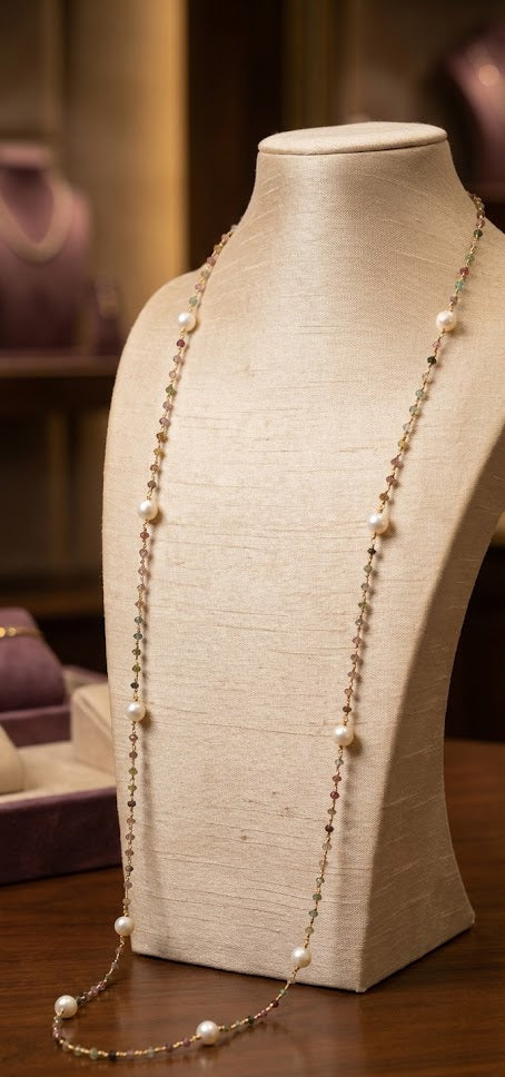 Celestial Sapphire Radiance Long Necklace - Multi Sapphire Gemstones and Freshwater Pearls