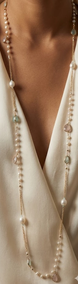 Celestial Pearl Essence Long Necklace: 1163mm Fresh Water Pearls & Chalcedony