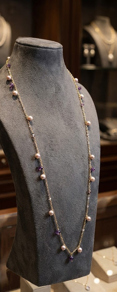 Mystic Pearl Amethyst Long Chain Necklace