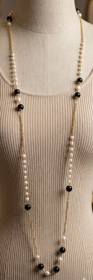 Eternal Pearl Onyx Long Chain Necklace