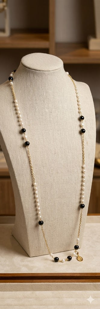Eternal Pearl Onyx Long Chain Necklace
