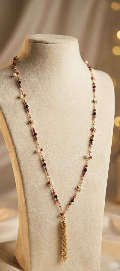 Eternal Ruby Onyx Long Chain Necklace with Lustrous Freshwater Pearls