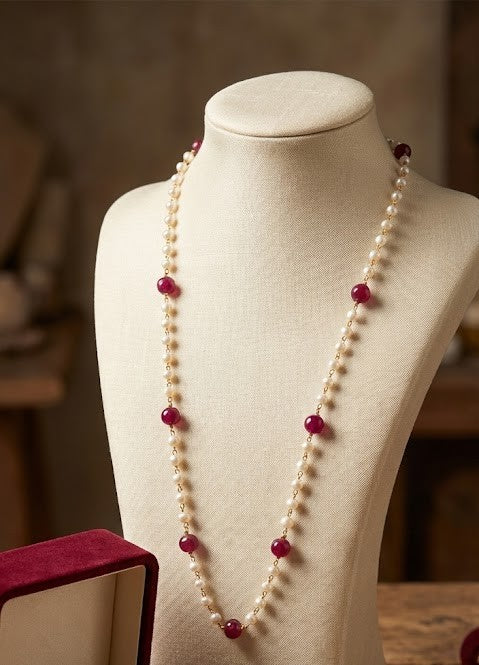 Radiant Ruby Luxe Long Chain Necklace With Freshwater Pearls