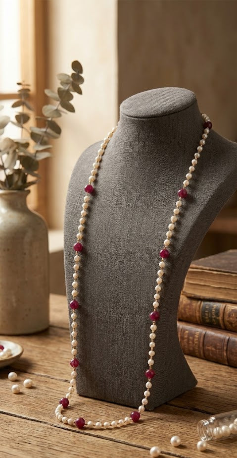 Radiant Ruby Luxe Long Chain Necklace With Freshwater Pearls